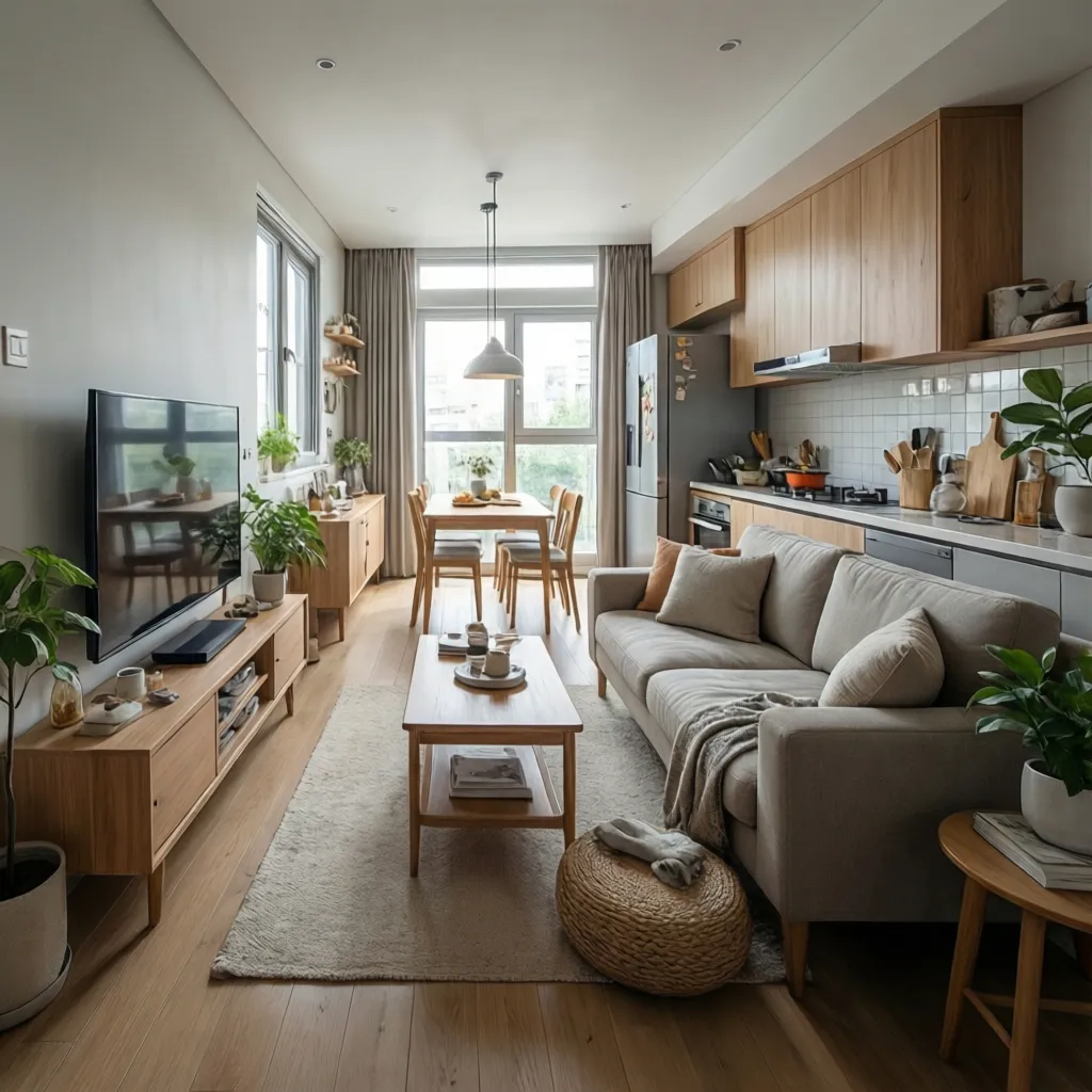 Không gian phòng khách và bếp liên thông trong nhà ngang 4m