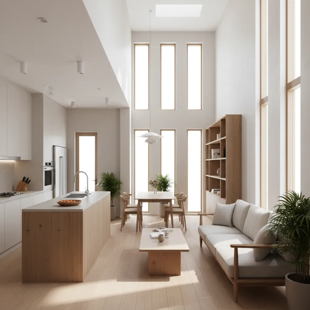 Phòng khách và bếp liên thông trong nhà cấp 4 diện tích 5x20