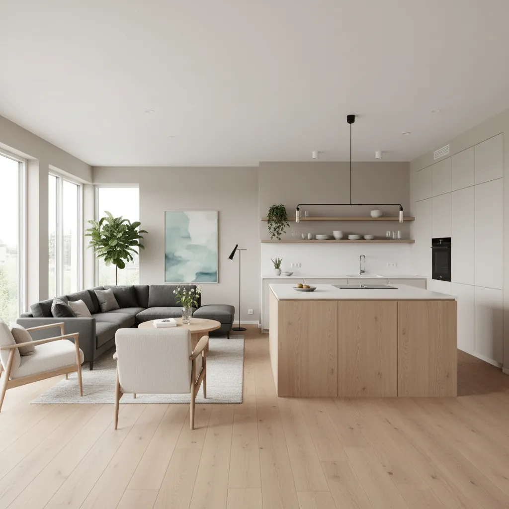 Spacious interior design drawing showing open kitchen with wooden island grey sofa and light floor
