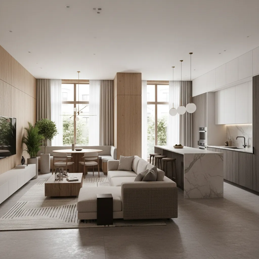 Open plan living room and kitchen featuring beige sofa marble island wooden dining table curtains