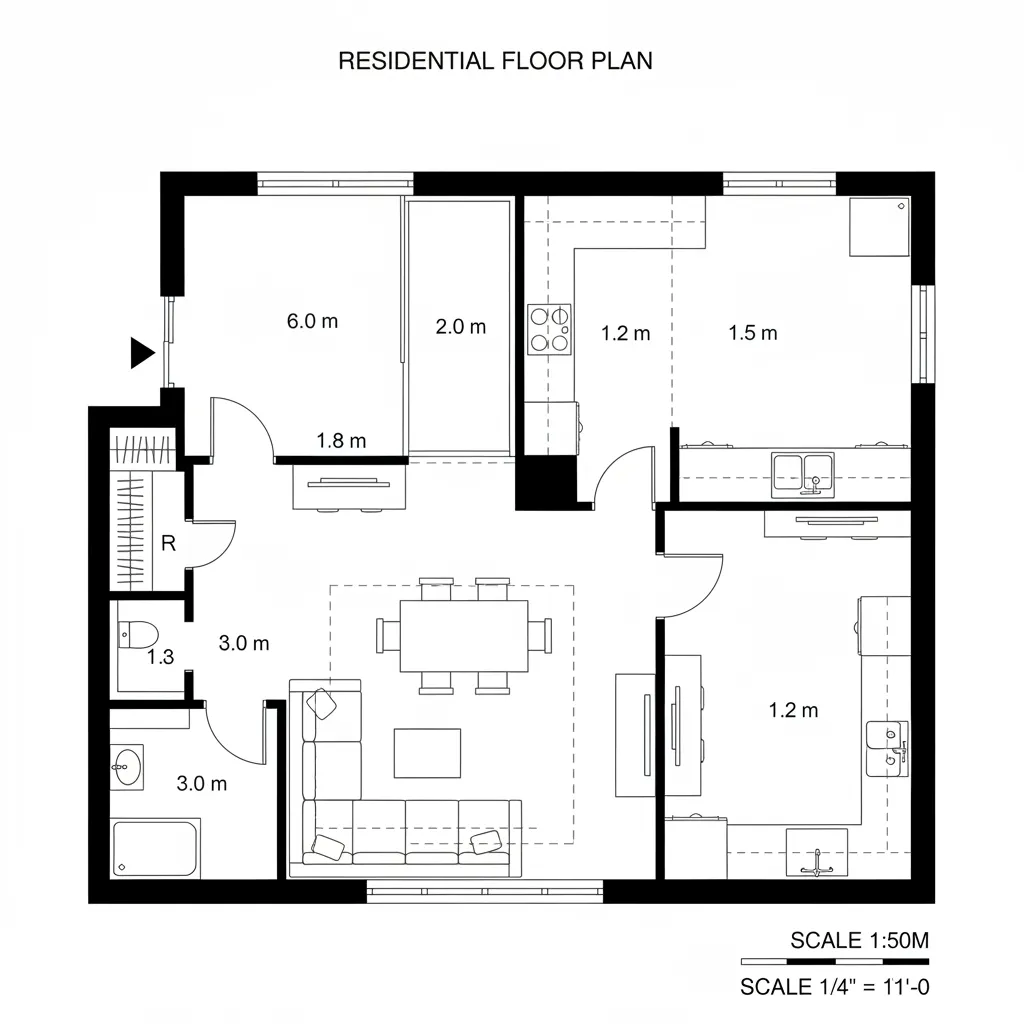 CAD floor plan of open living-dining with semi-enclosed pocket-door kitchen