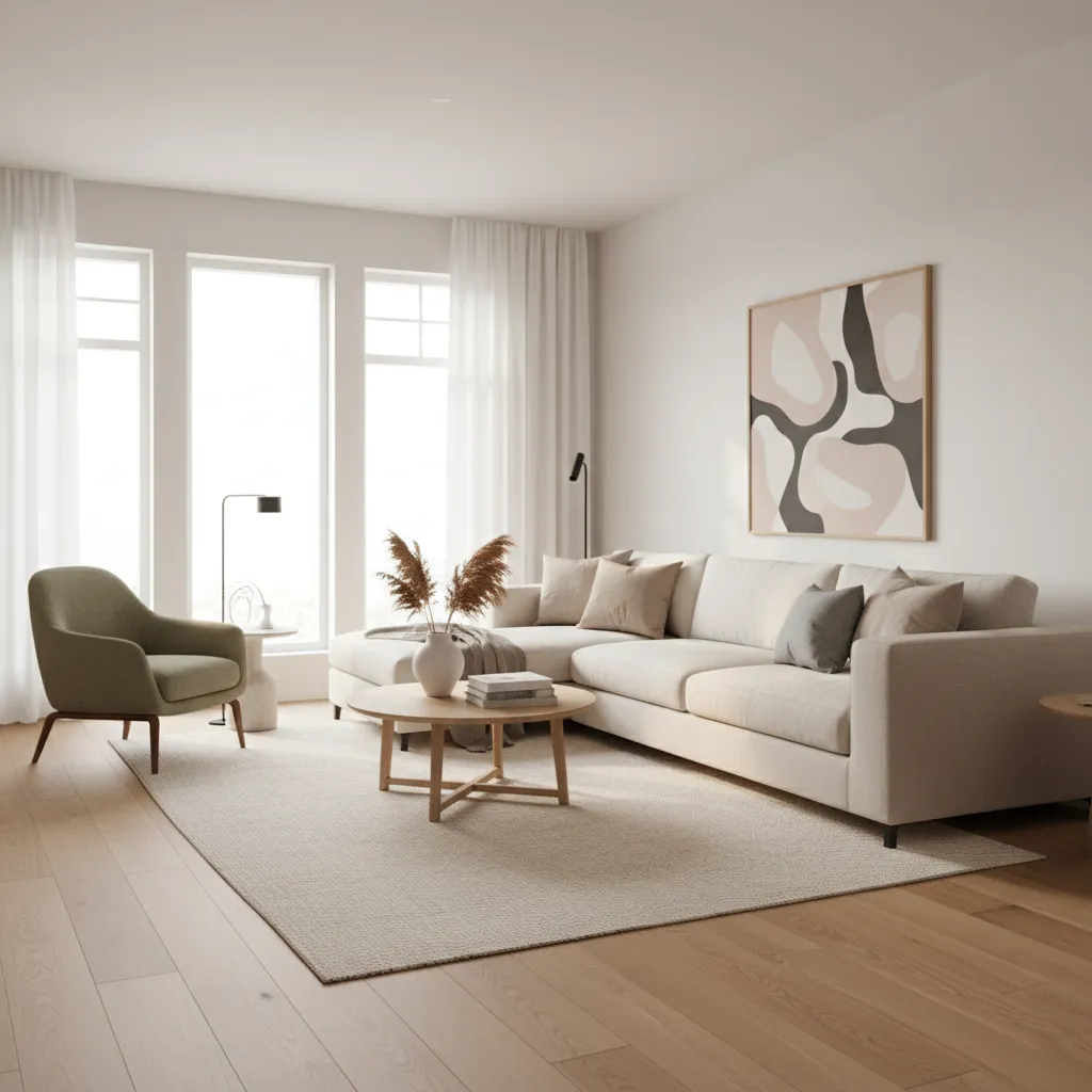 Bright modern living room with beige sofa green armchair wooden coffee table and large white windows