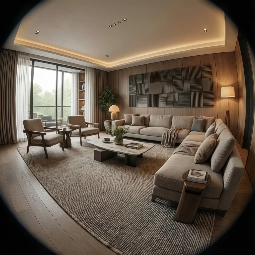 Open concept living room with large rug and upholstered furniture designed to reduce echo