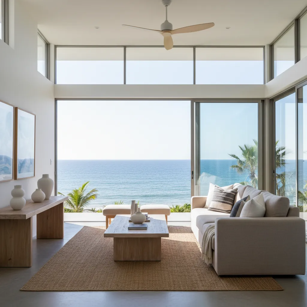 Salón abierto de una casa de playa moderna con vista al mar