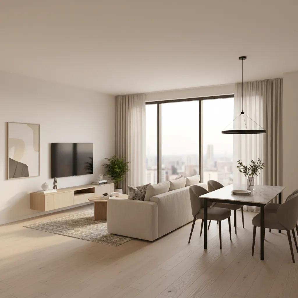 open living room with dining table in a small apartment layout