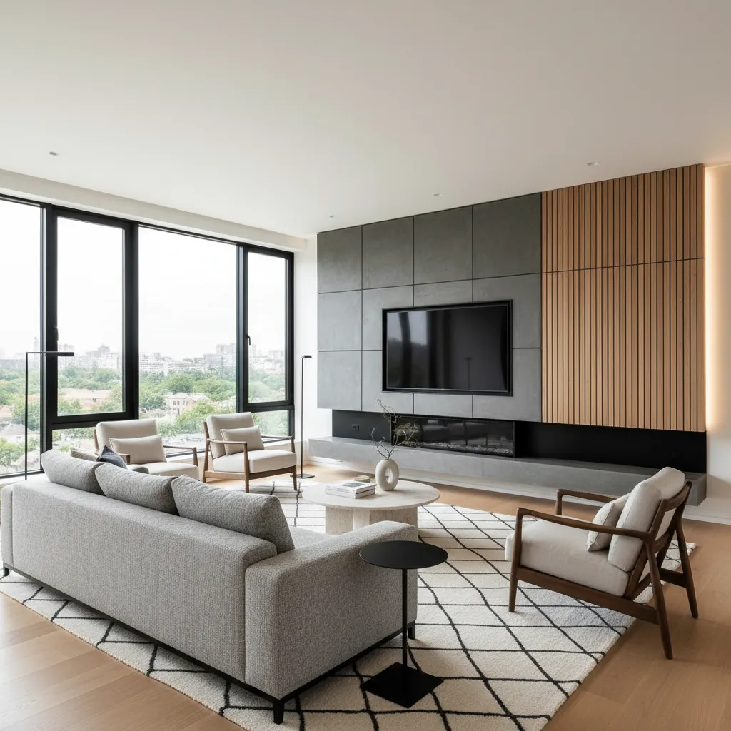 Open living room seating arranged toward a media wall focal point