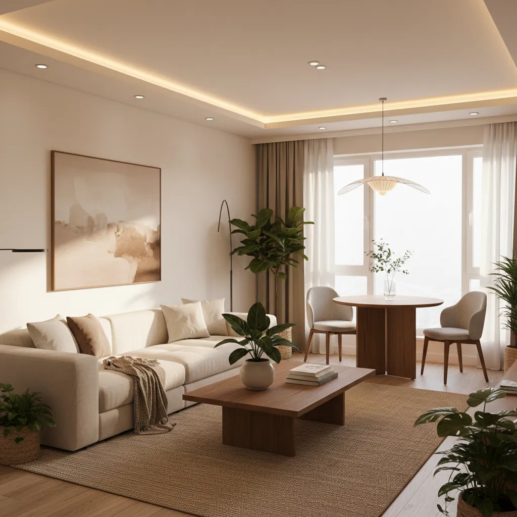 Salón abierto conectado con comedor en una vivienda para dos personas