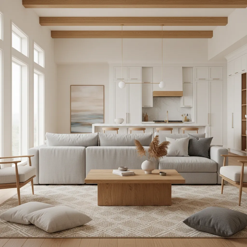 sofa positioned to divide living room from kitchen in open floor plan