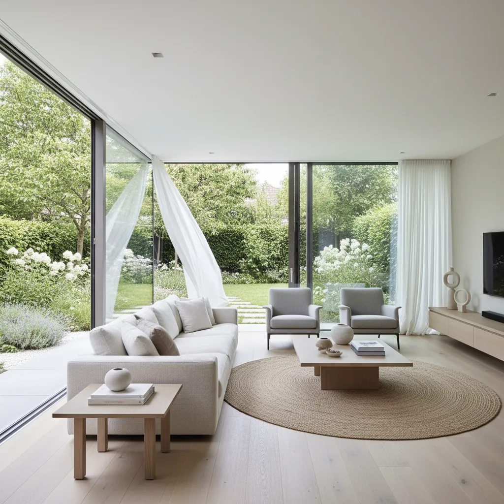 Salón abierto con vista al jardín a través de grandes ventanas