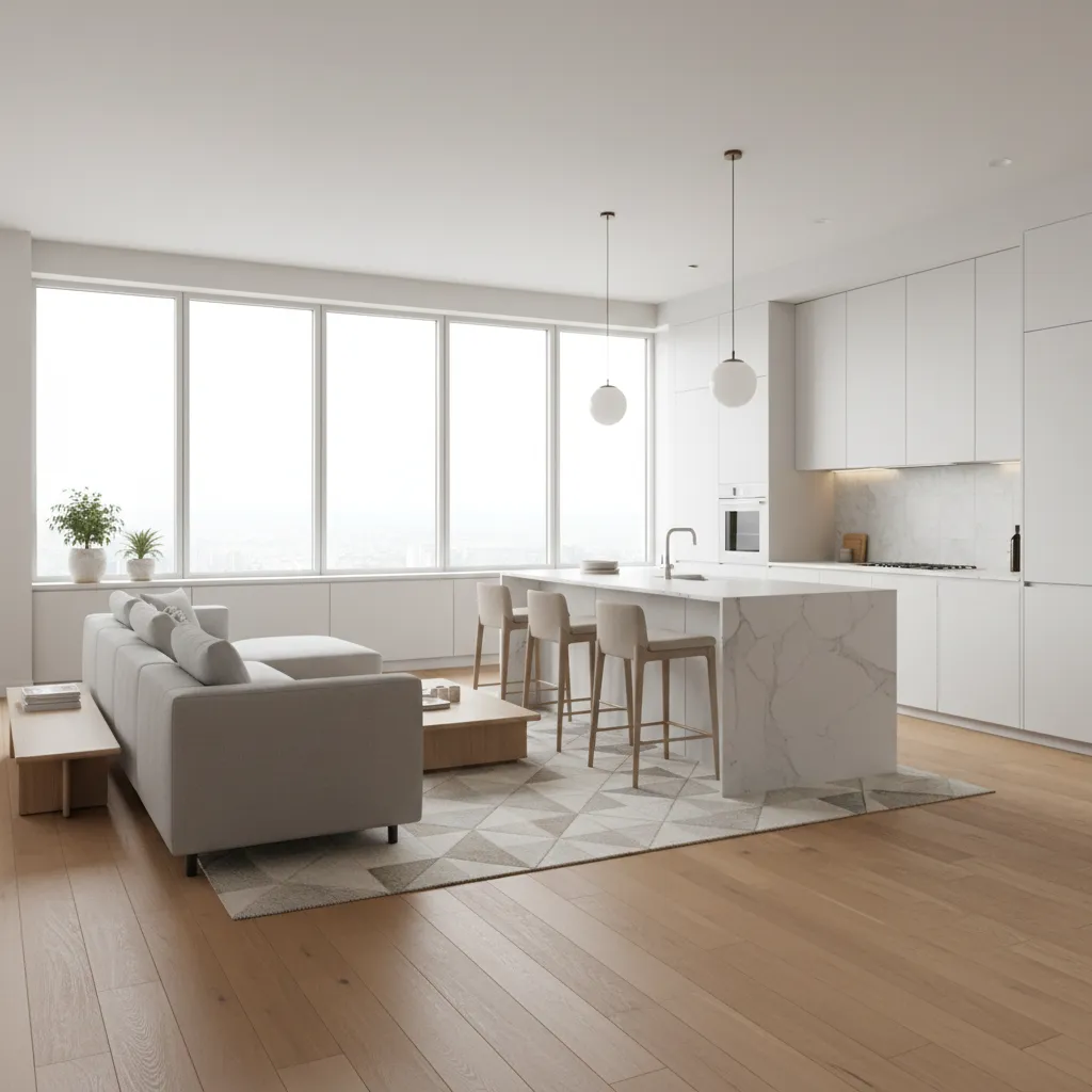 Bright open concept living room and kitchen in a modern apartment
