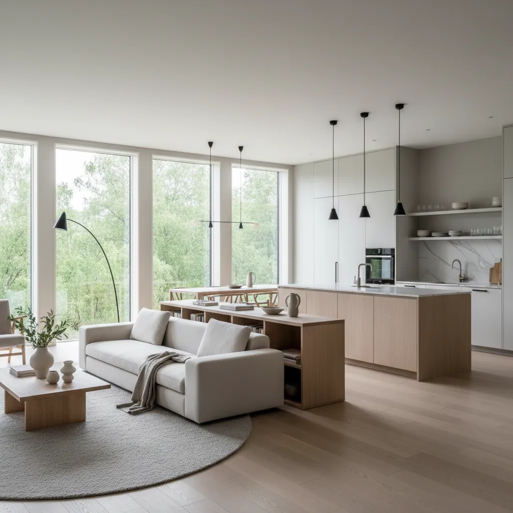 Salón moderno con distribución abierta entre cocina y comedor