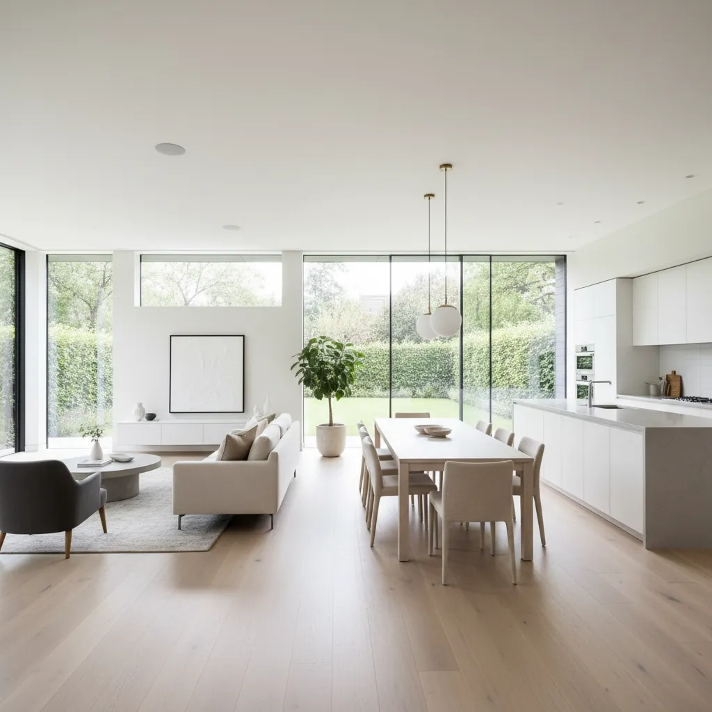 Salón moderno con cocina abierta y grandes ventanales hacia el jardín