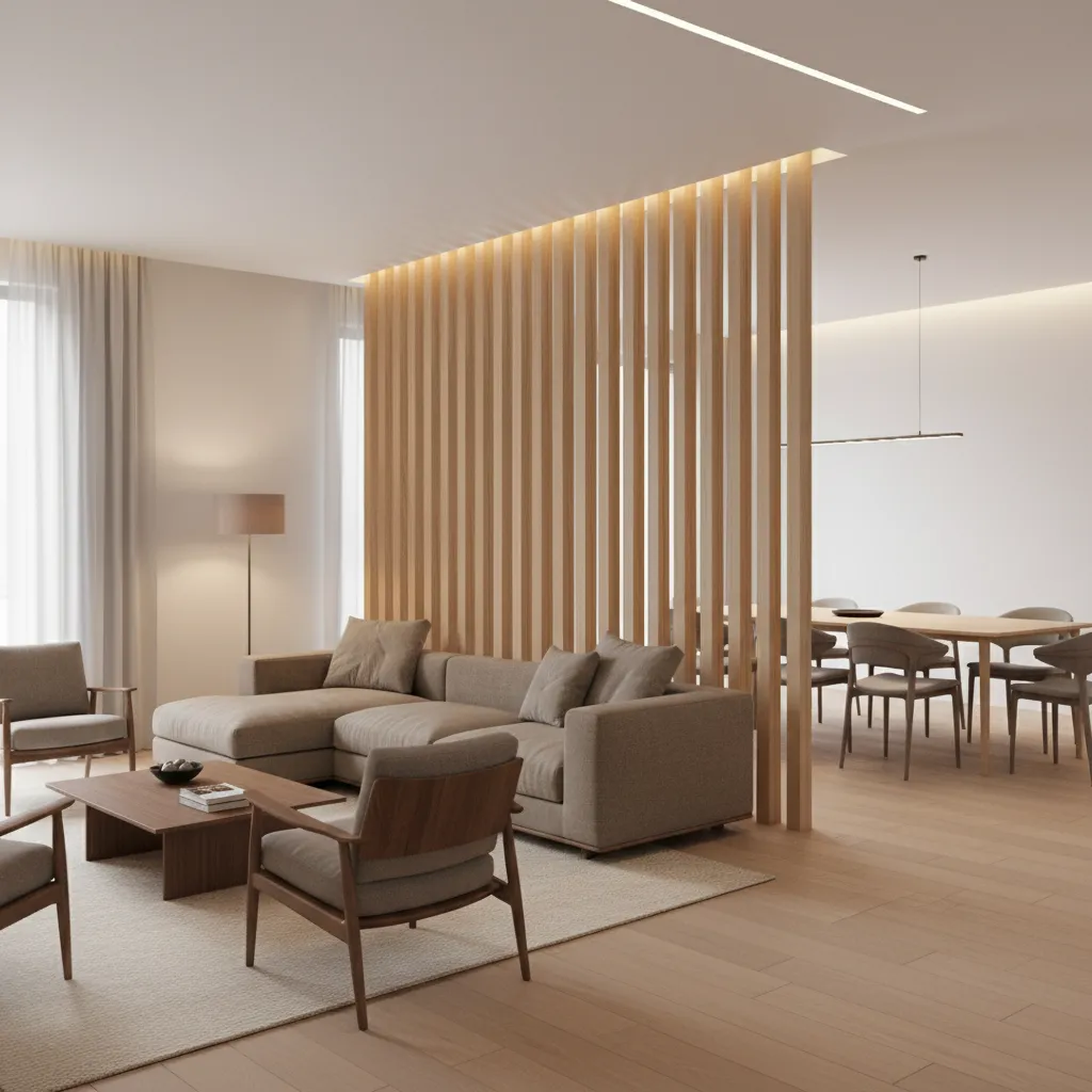Modern open living room separated from dining area with vertical wood slat divider
