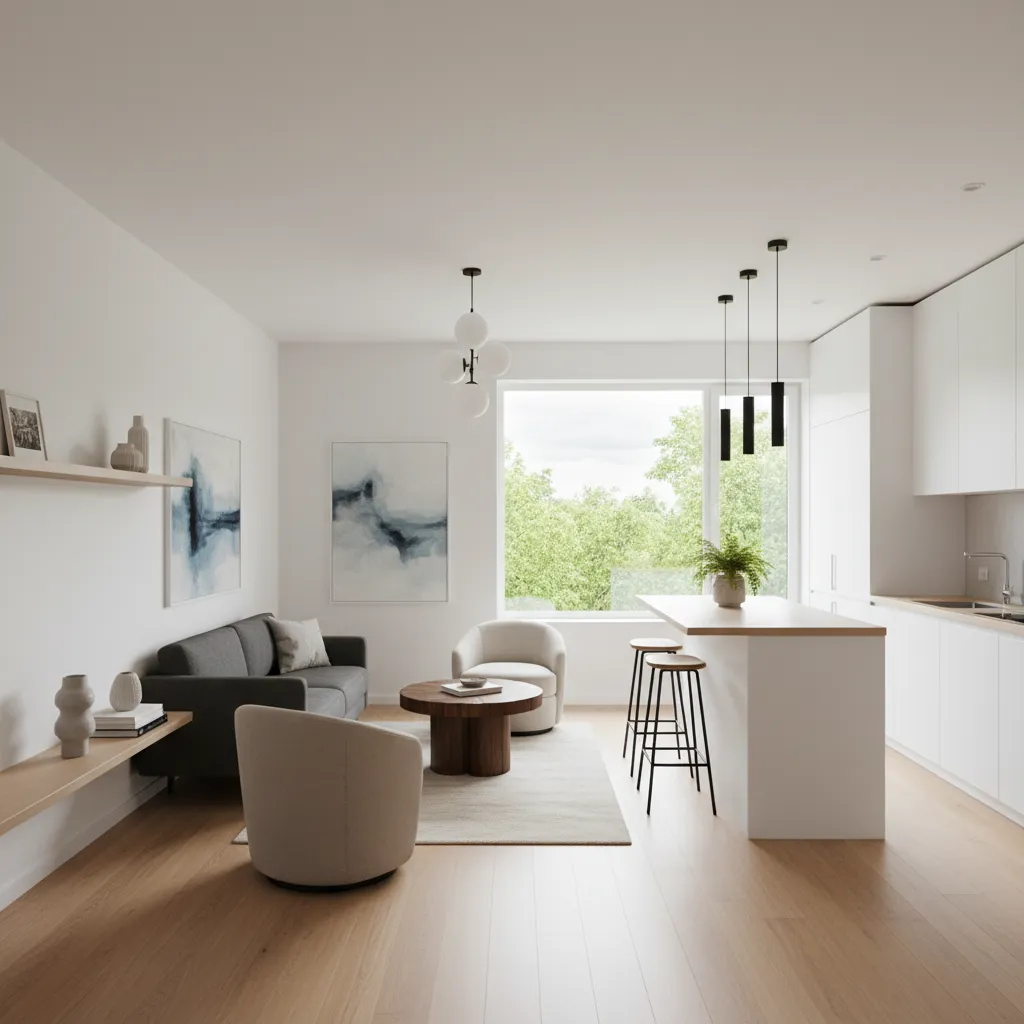 Sala y cocina abiertas en una casa pequeña moderna