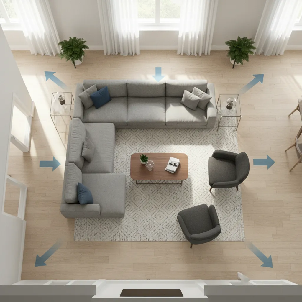 open living room layout showing clear walking paths around furniture