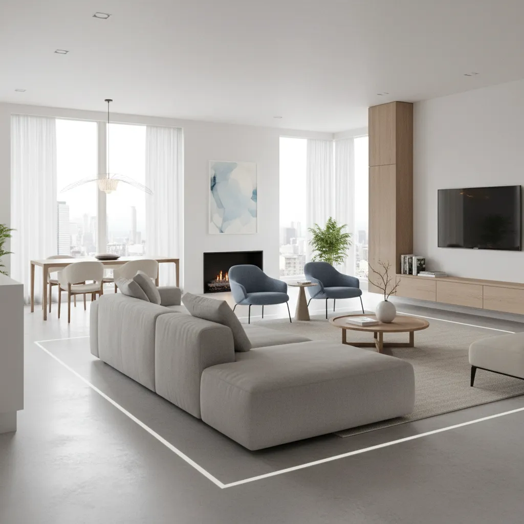 Open living room layout showing clear walking paths around floating furniture