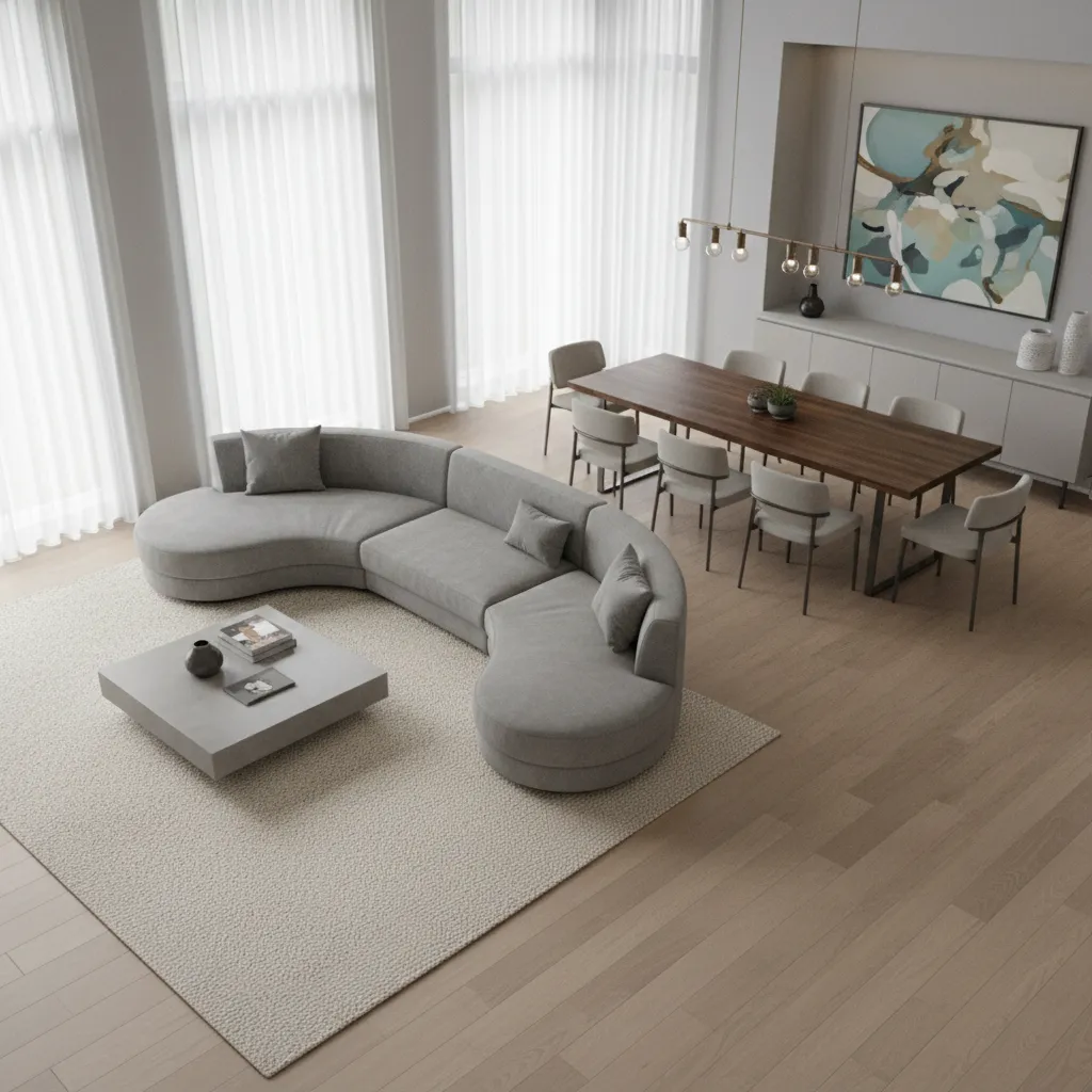 Open concept living room showing zoning between seating and dining areas