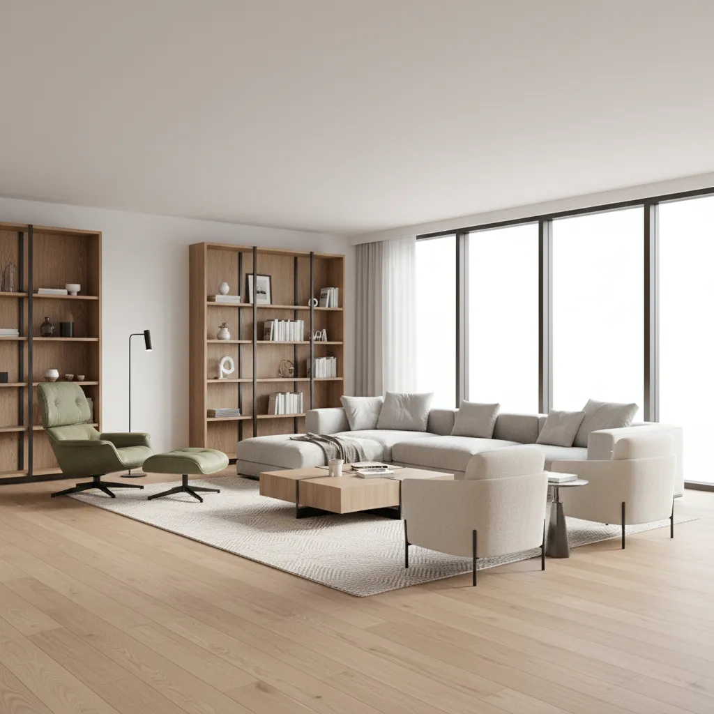 Open living room layout with multiple functional zones created through furniture arrangement