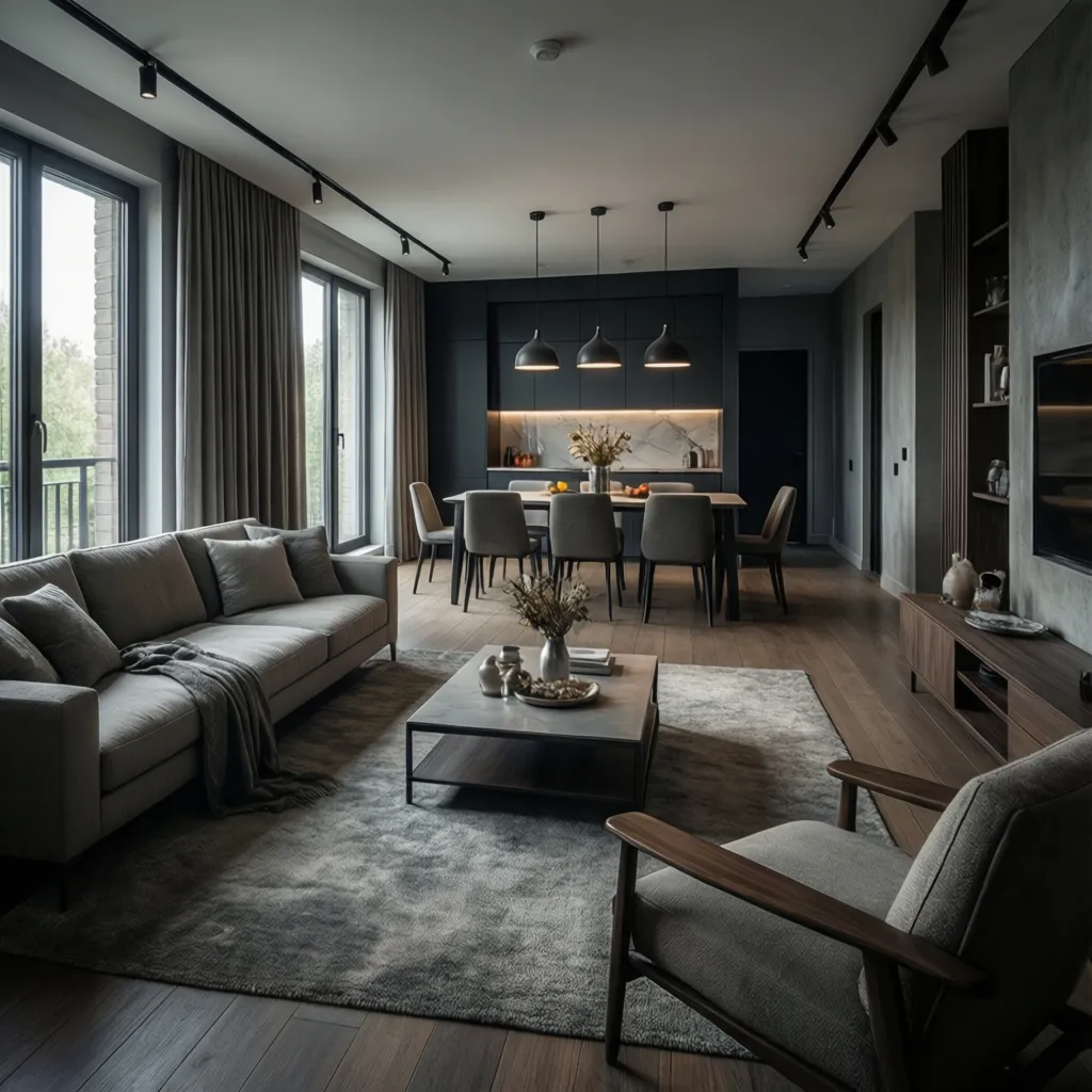 Modern open living room showing sofa area separated from dining space with rug and lighting