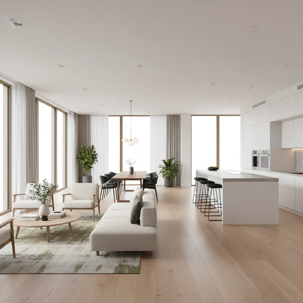 Salón comedor con cocina abierta en una casa moderna de 150 metros cuadrados