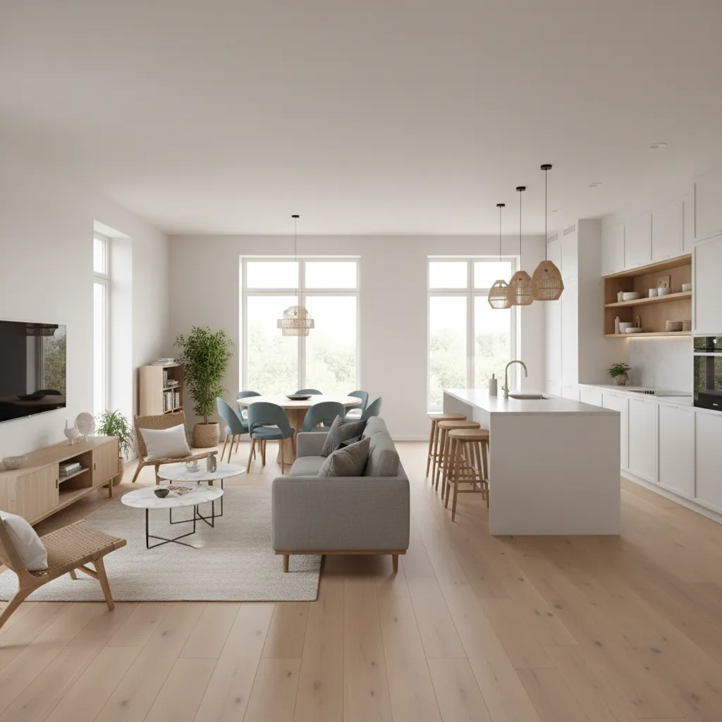 Open plan living room with grey sofa wooden floor white kitchen and woven ceiling lights