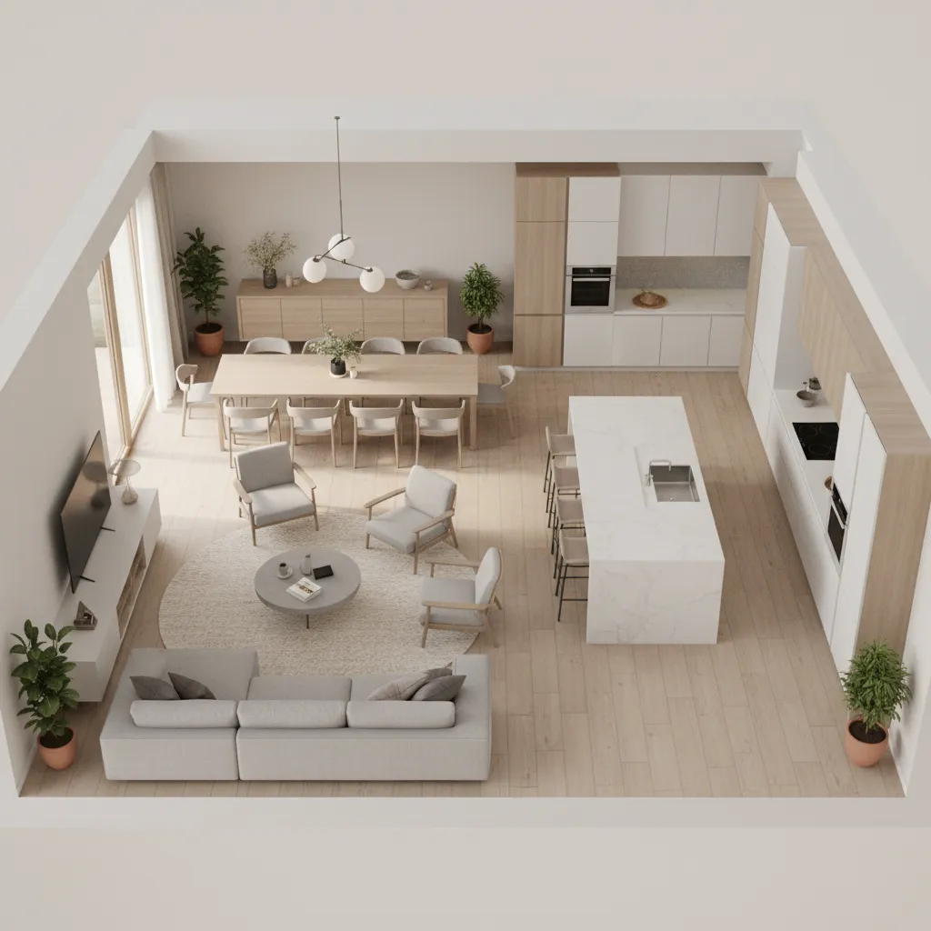 Plano abierto de salón comedor y cocina conectados