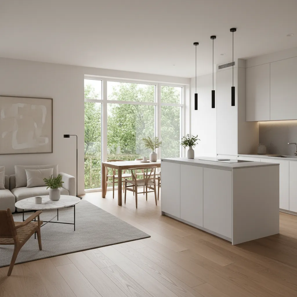 Sala y cocina integradas en una casa moderna pequeña