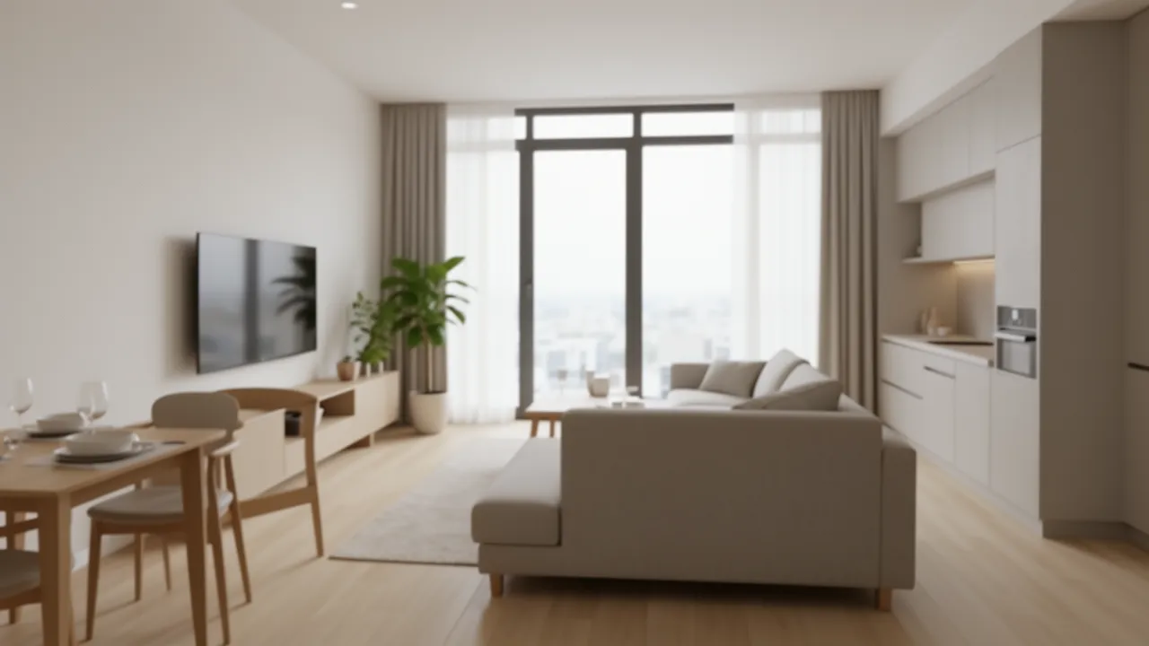 Open living dining kitchen layout in a small 1 BHK apartment