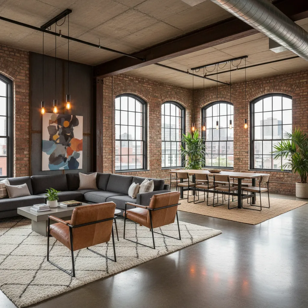 Large open industrial living room with red brick walls, grey sofa, leather chairs, and table