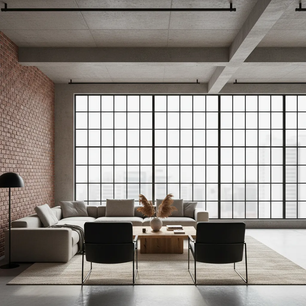 open modern loft living room with high ceilings and industrial windows