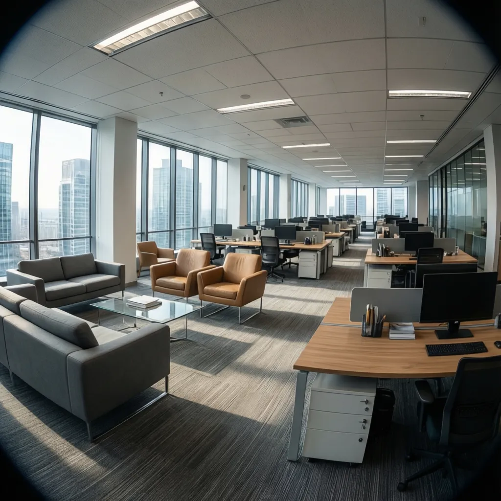 Large open office with collaborative seating areas and shared desks