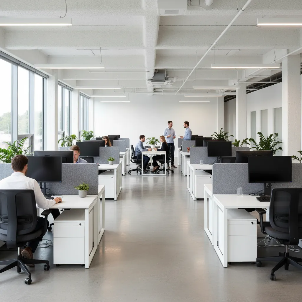 Modern open office interior with people working at white desks under long ceiling light fixtures