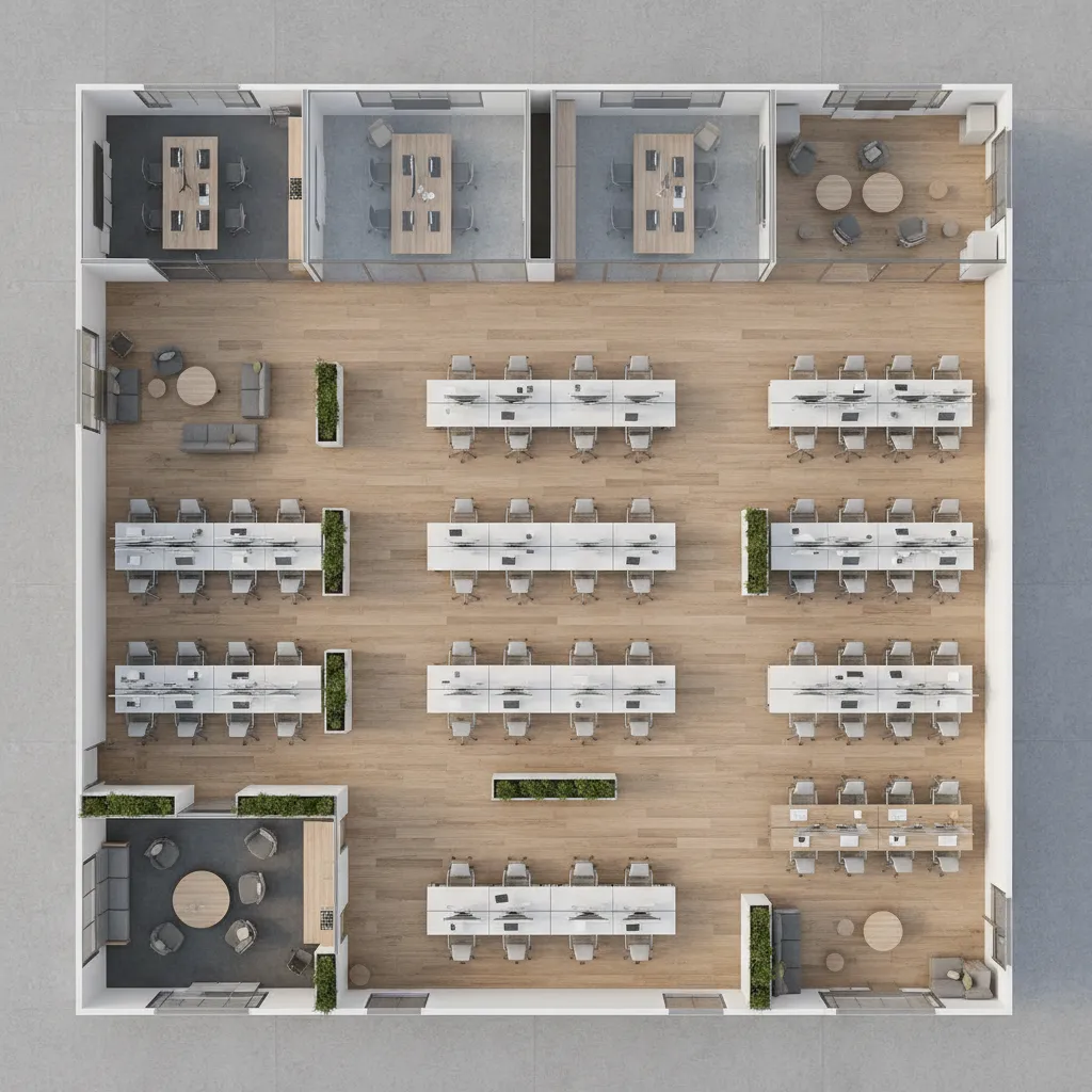 3D office layout showing desks meeting rooms and circulation paths