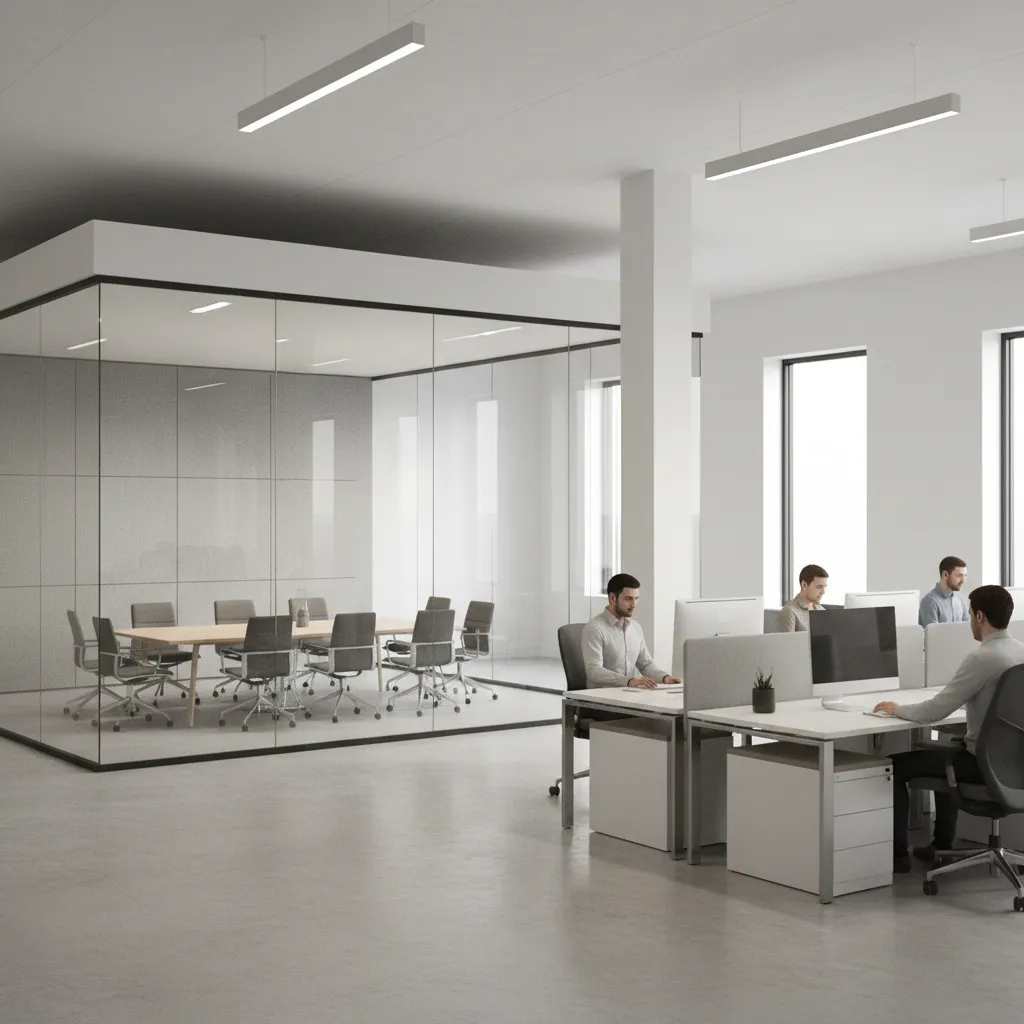 Glass meeting room placed next to open office desks showing potential privacy risks
