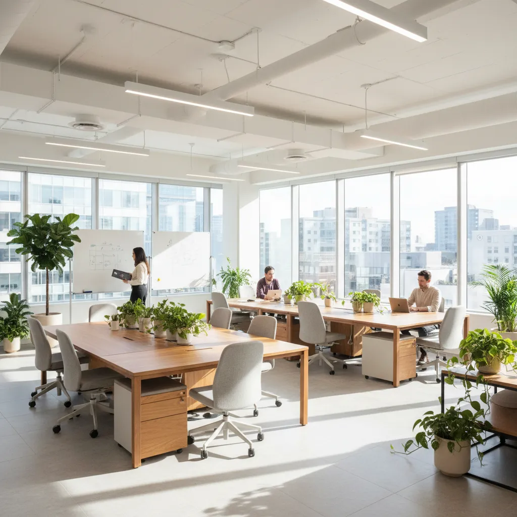 Espacio de oficina moderna con áreas de trabajo abiertas