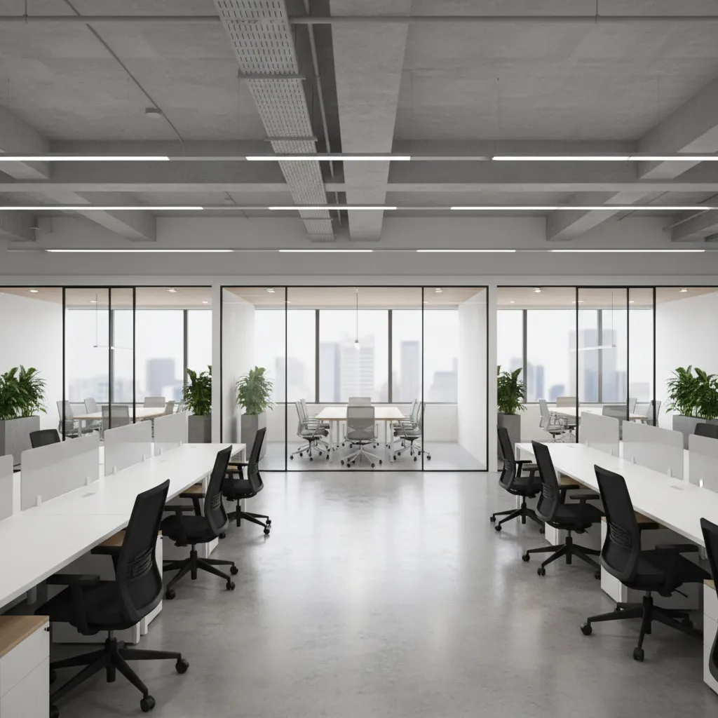 large open landscape office with long desk rows and minimal acoustic treatment