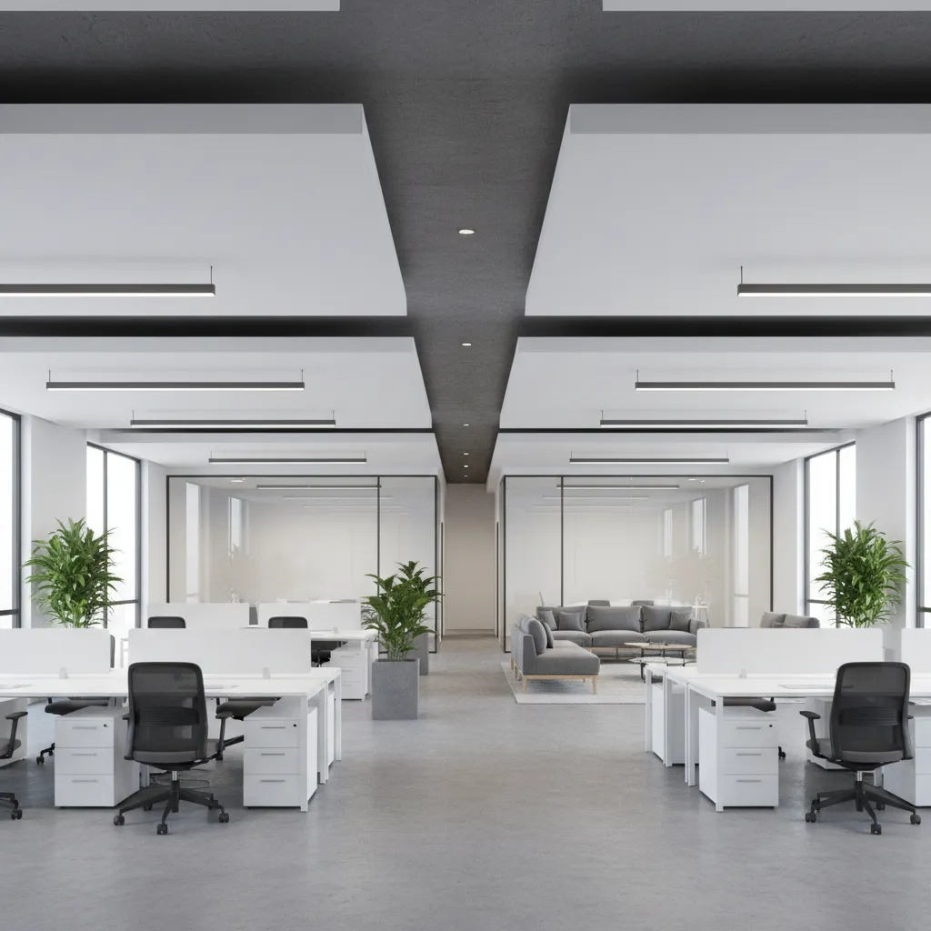 open plan office with zoned POP ceiling lighting layout