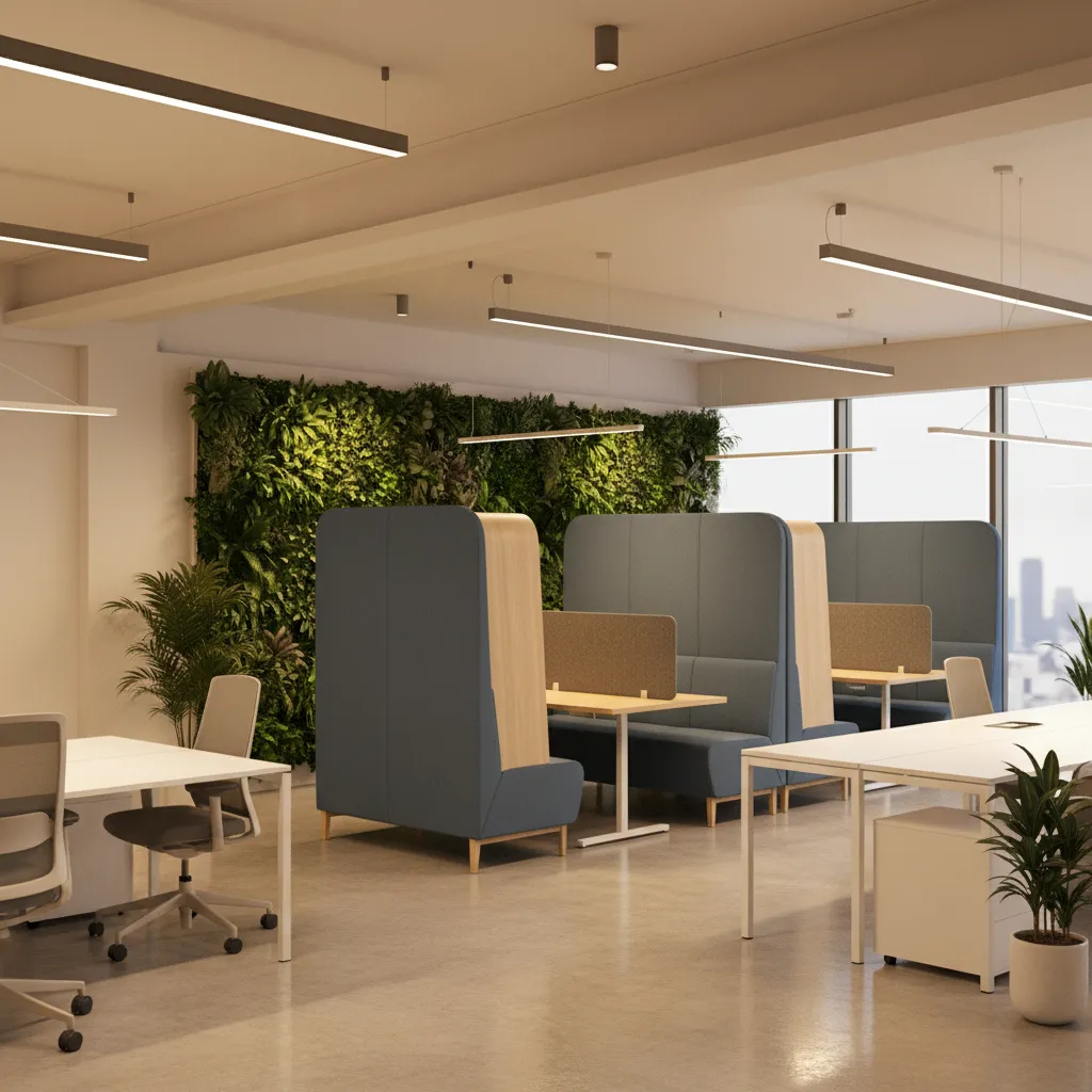 open office with high back seating pods and acoustic partitions for privacy