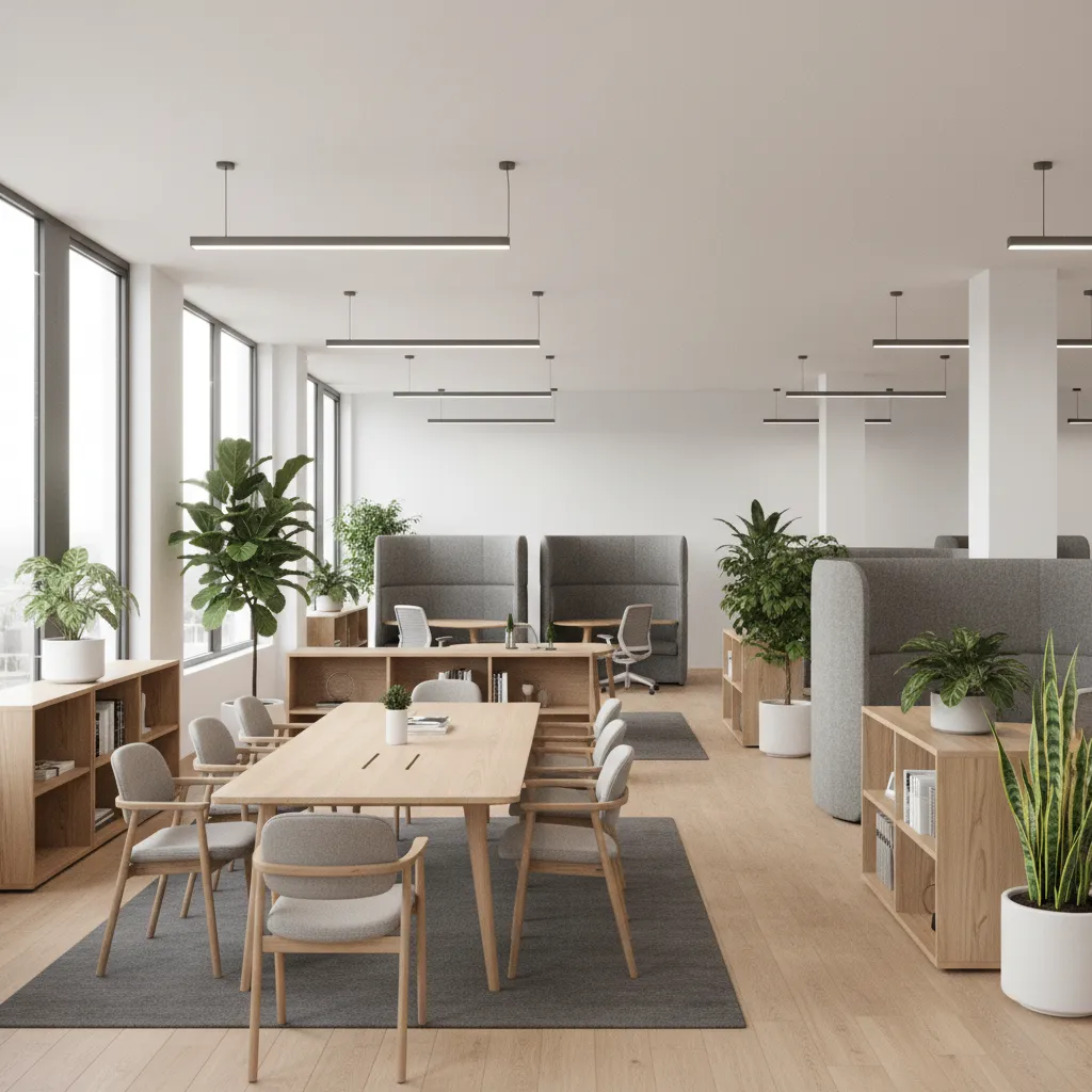 open office with furniture and shelving used to define collaborative and focus zones