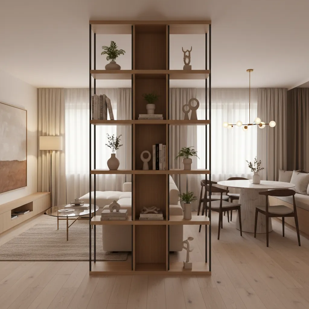 Open shelving partition separating living and dining in a compact apartment