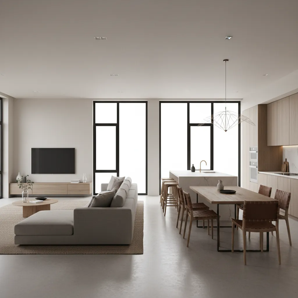 Open concept living room kitchen layout in an 1800 sq ft house