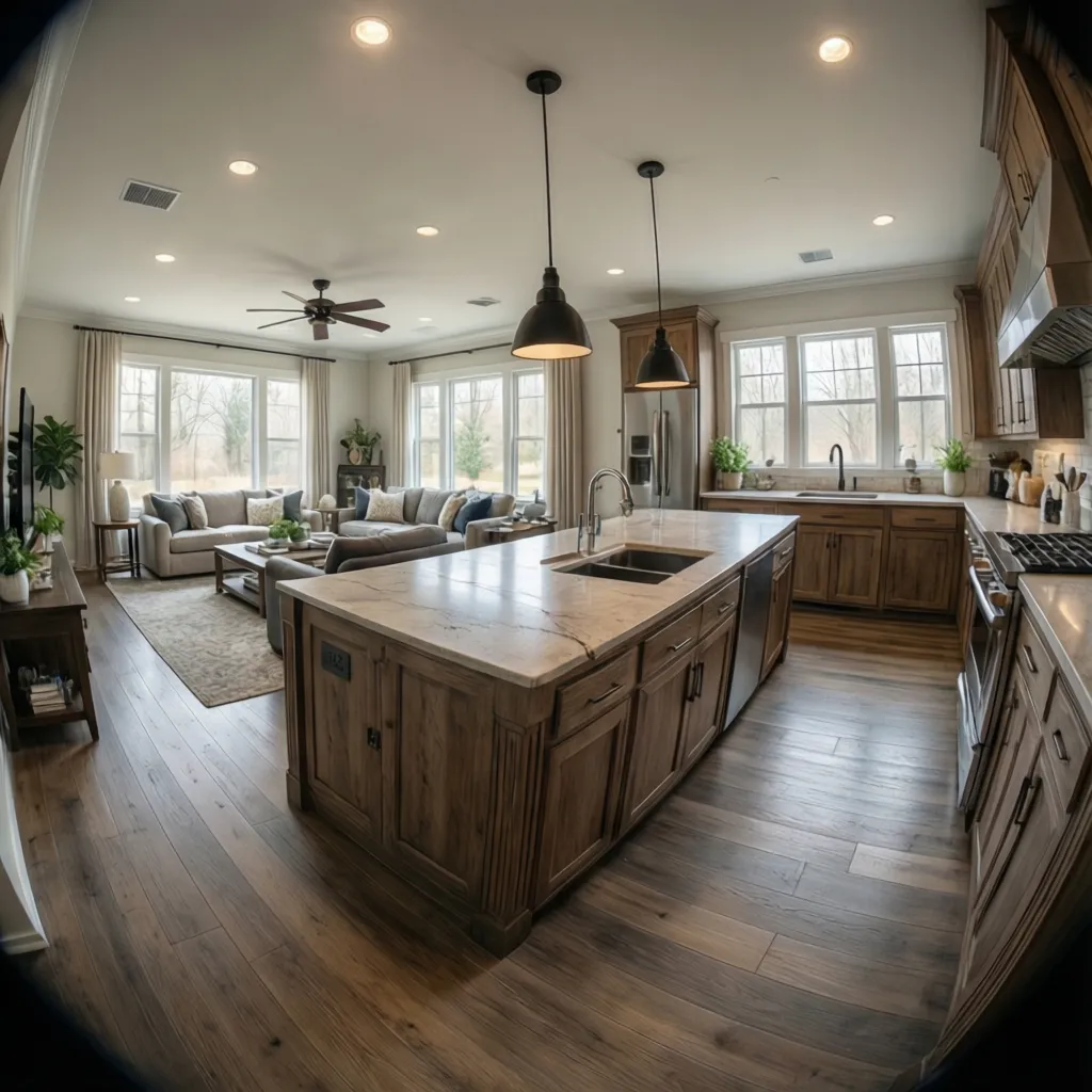 Interior de casa estadounidense con sala, comedor y cocina en concepto abierto