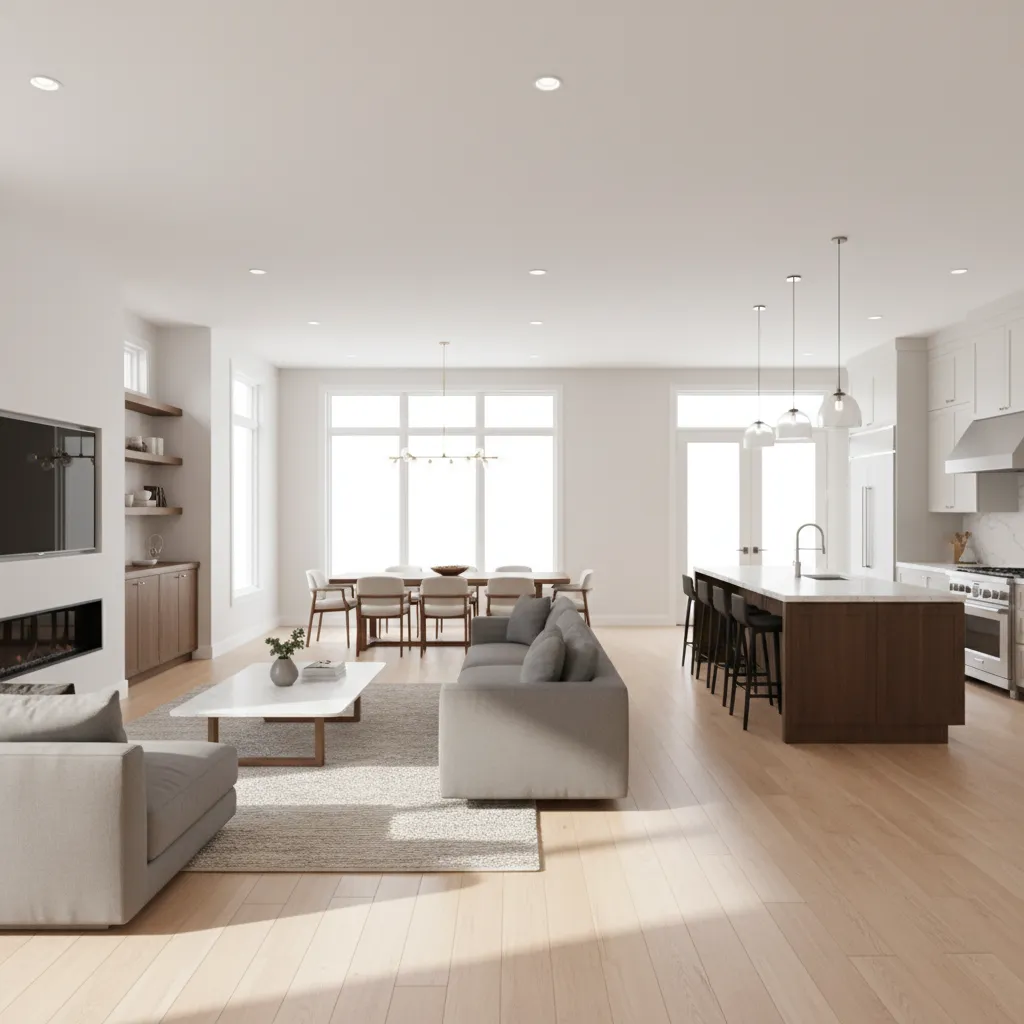 Sala de estar con concepto abierto conectada a cocina moderna