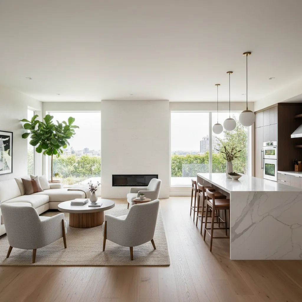Interior de casa moderna americana con sala y cocina abierta