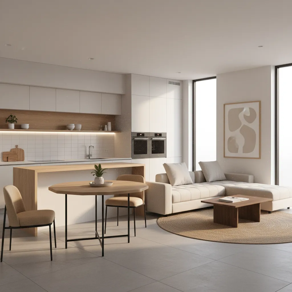 Open plan apartment kitchen with hexagon dining table defining dining area