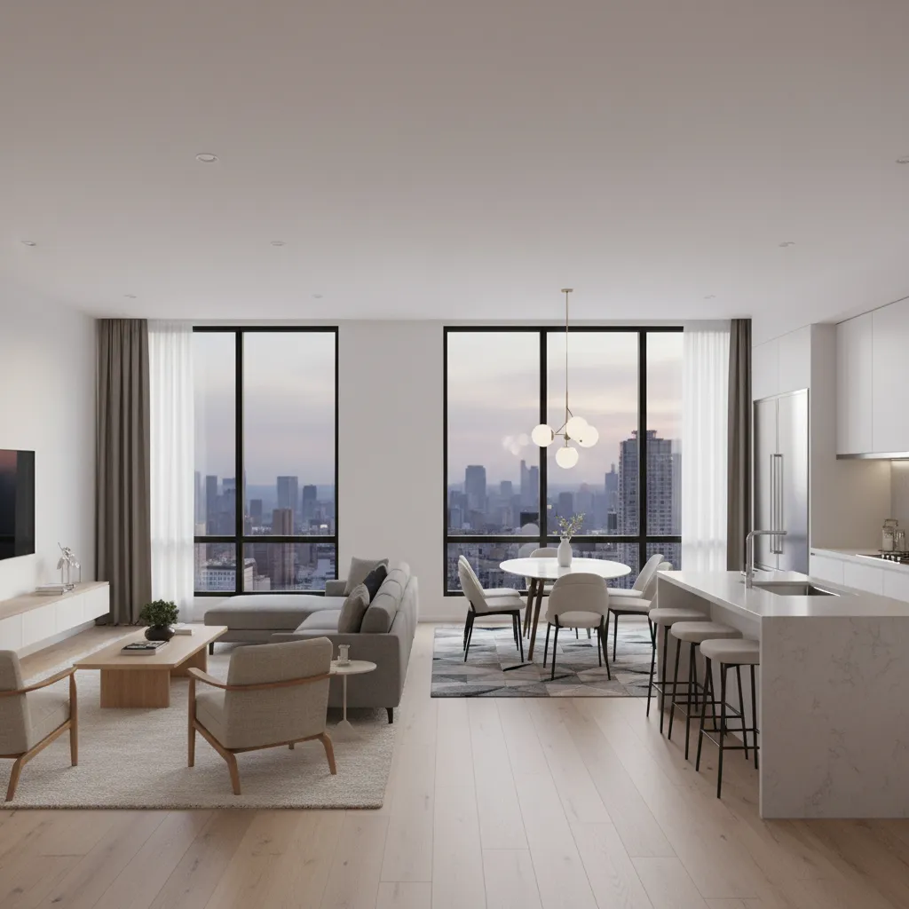 Open concept apartment interior with subtle zoning using furniture and rugs