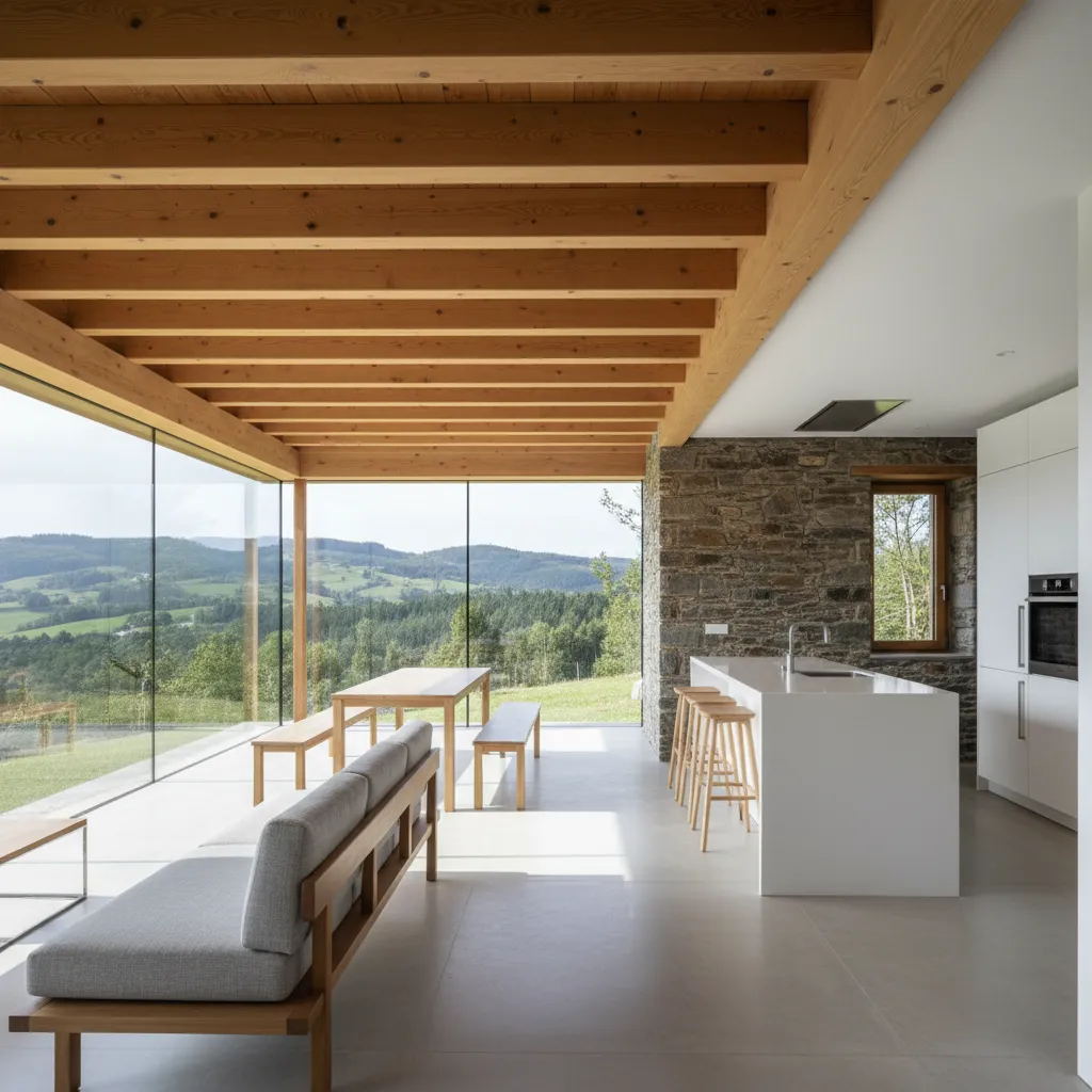 Espacio abierto con salón, comedor y cocina en casa asturiana moderna
