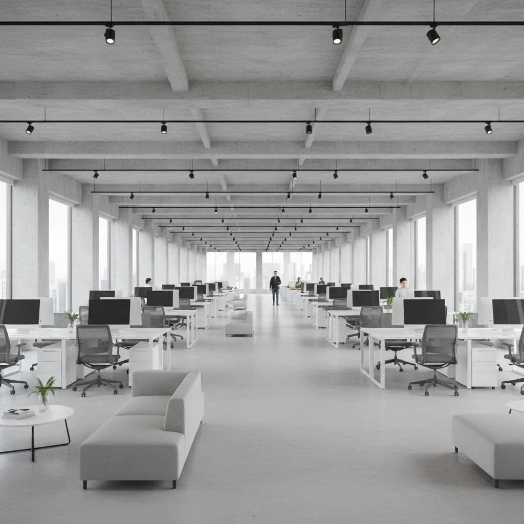 Large open plan interior showing structural column grid and wide spacing