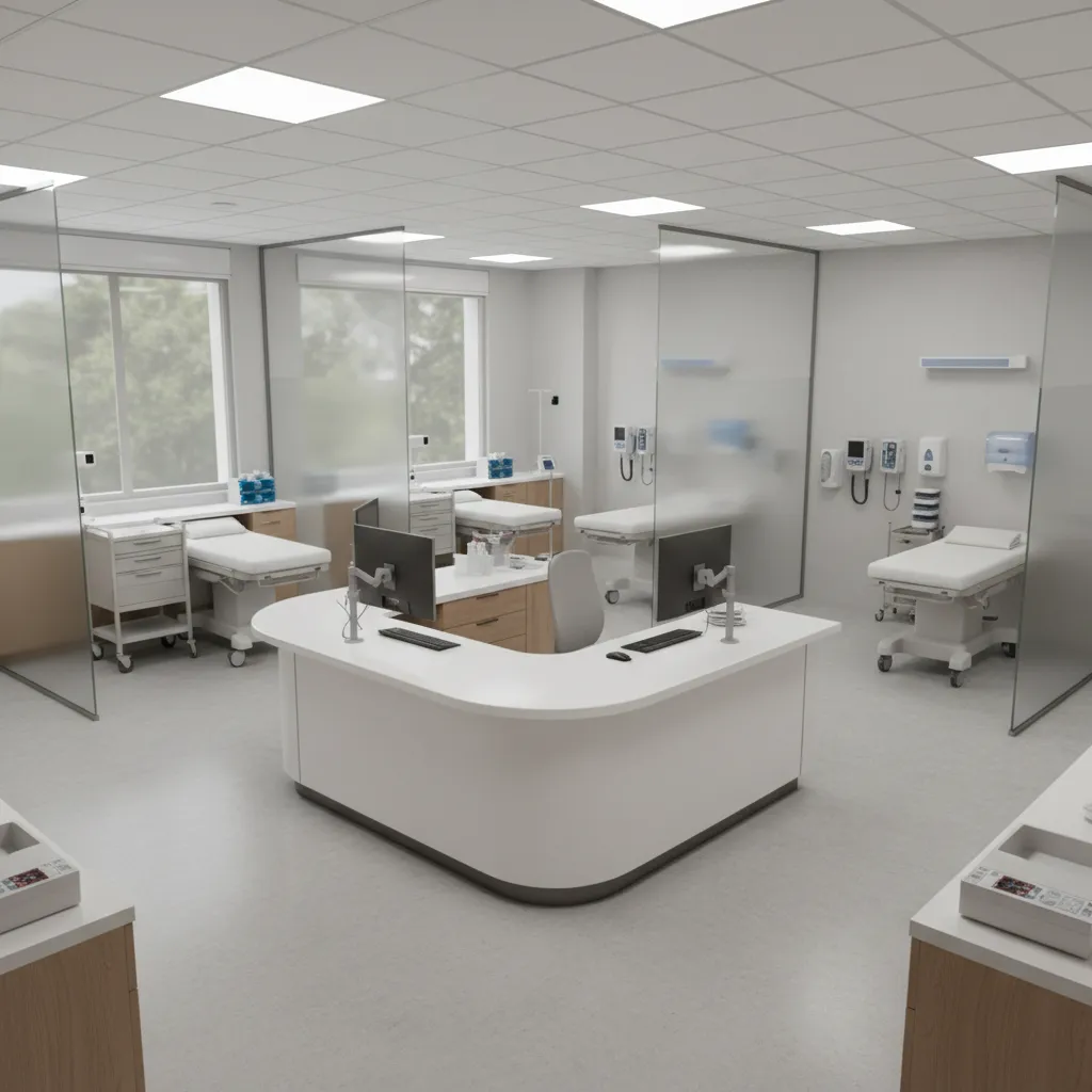 Open plan nurse station layout inside small healthcare clinic