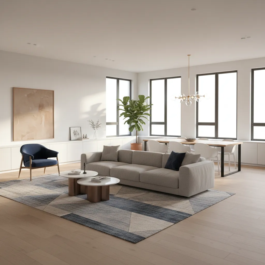 open concept contemporary living room with rug and sofa defining zones